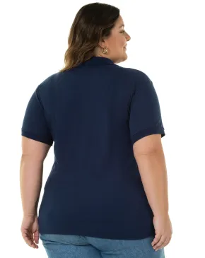 Camisa Polo Piquet Plus Size Feminina Azul Marinho