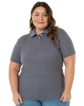 Camisa Polo Piquet Plus Size Feminina Cinza Chumbo