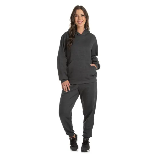 Conjunto Moletom Feminino com Capuz Preto Mescla 